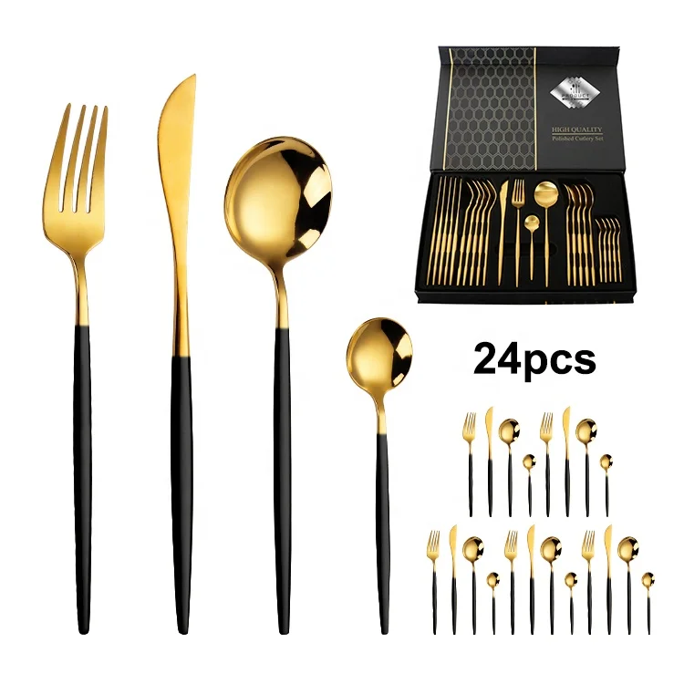 24 Piece Gold And Black Korean Brass Gold Stainless Steel Cutlery Set For Gift, Silver, gold, rose gold, black, colorful
24 Piece Gold And Black Korean Brass Gold Stainless Steel Cutlery Set For Gift, Silver, gold, rose gold, black, colorful