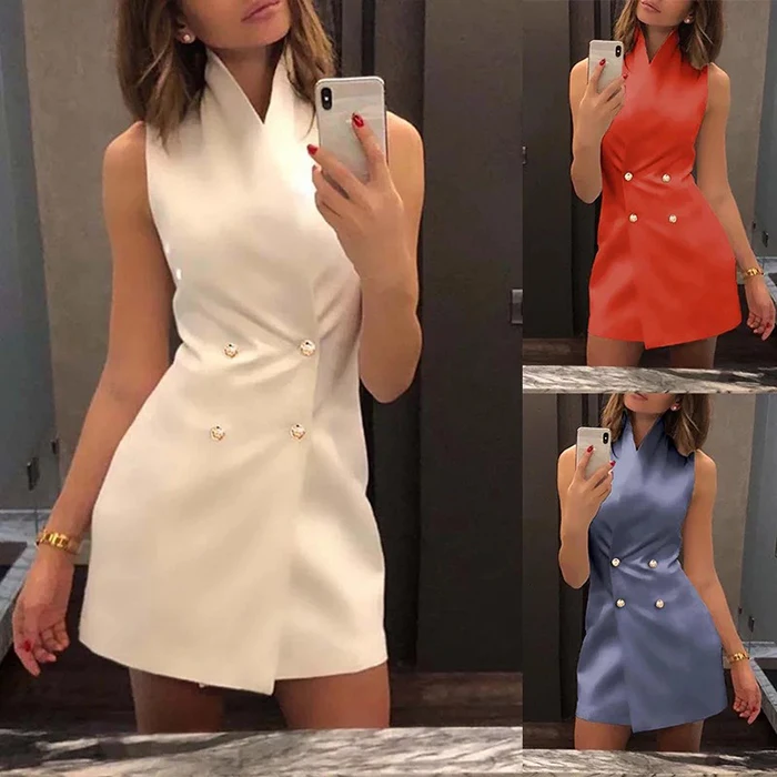 2020 Women Office Lady Slim Dress Elegant double-breasted Blazer Dress Formal Stand Collar Sleeveless mini dress
2020 Women Office Lady Slim Dress Elegant double-breasted Blazer Dress Formal Stand Collar Sleeveless mini dress