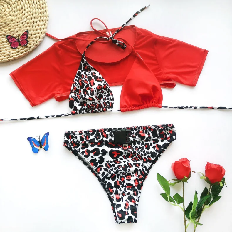 Lace Up Design Leopard Print Halter Bikini Set Black Top Triangle With