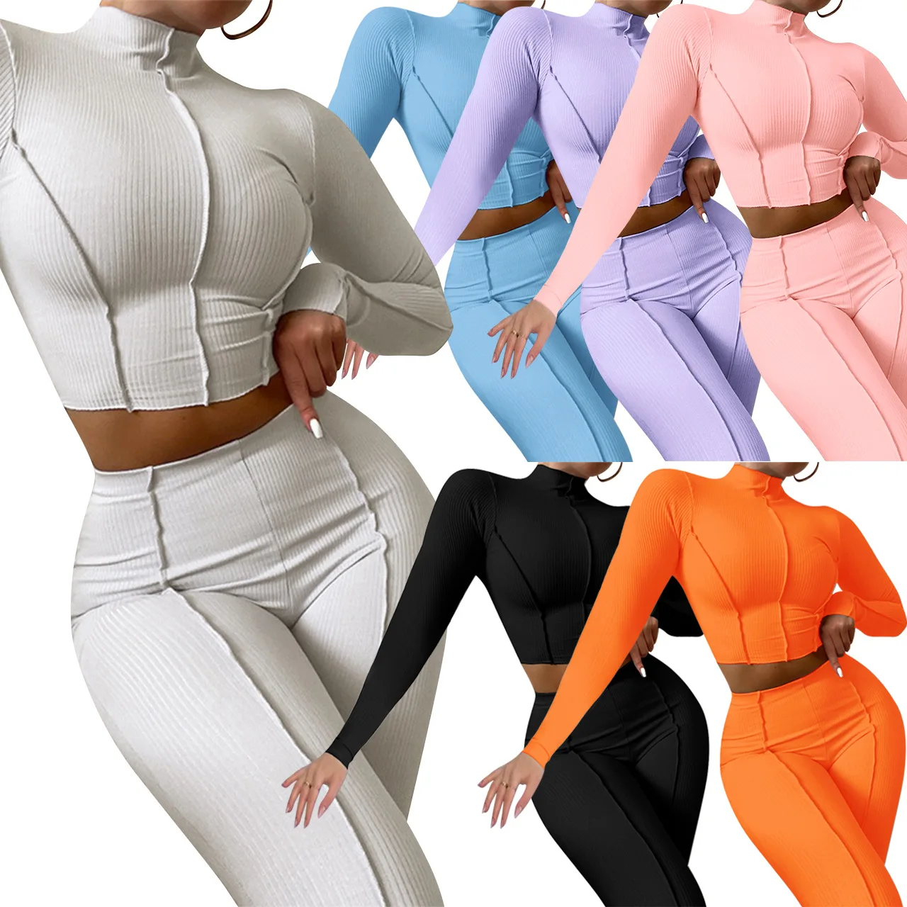 2021 new fall thread reverse design fitness wear crop top with long sleeves and jogging women's two piece set 
2021 new fall thread reverse design fitness wear crop top with long sleeves and jogging women's two piece set