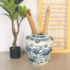 Hand painted blue and white lions pattern porcelain storage vat chinese antique decorative large ceramic floor vase