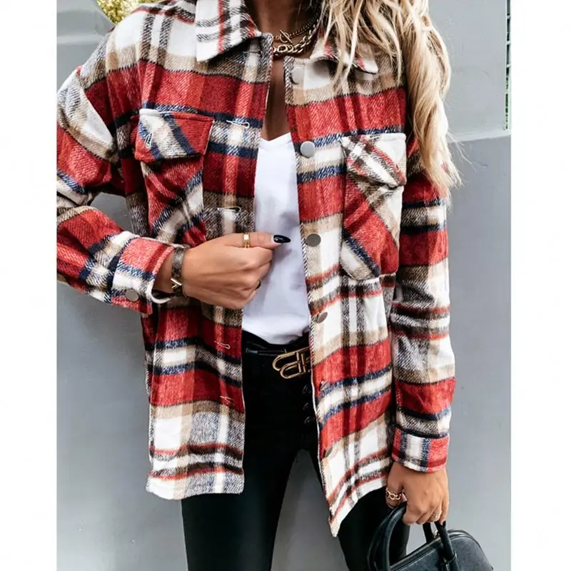 Winter Checkered Blouse Jackets Buttons Front Plaid Wool Shirt Jacket Long Sleeve Coat for Woman
Winter Checkered Blouse Jackets Buttons Front Plaid Wool Shirt Jacket Long Sleeve Coat for Woman