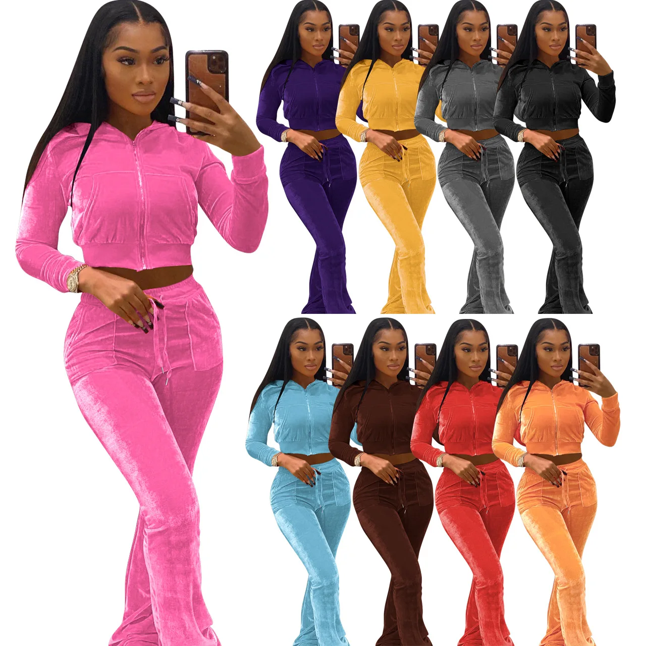 Zipper Hoodies Velour Tracksuits 2 Piece outfit Crop Top Pants Two Piece Set Sportswear Velvet Jogging Suit
Zipper Hoodies Velour Tracksuits 2 Piece outfit Crop Top Pants Two Piece Set Sportswear Velvet Jogging Suit