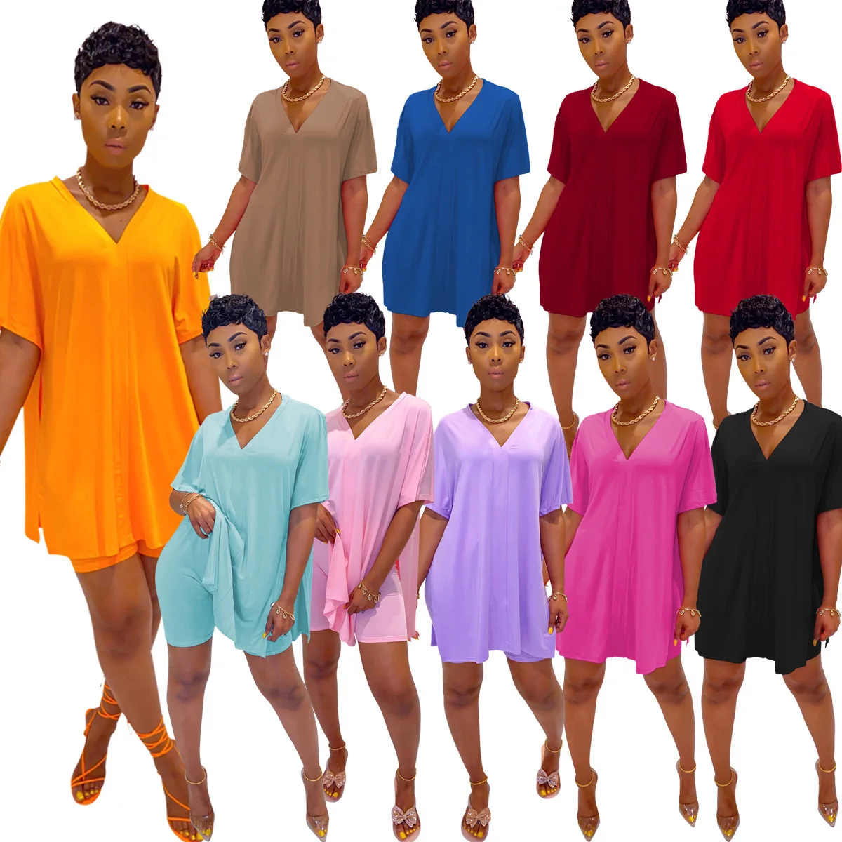 Casual Plain Color Women 2 Piece Set V Neck Bat Sleeve Split Top And Short Two Piece Set Outfit For Ladies Wholesale, Custom color or our colour stock
Casual Plain Color Women 2 Piece Set V Neck Bat Sleeve Split Top And Short Two Piece Set Outfit For Ladies Wholesale, Custom color or our colour stock