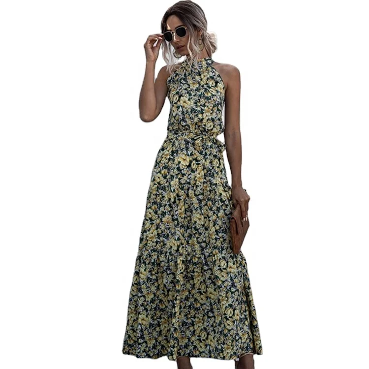 Wholesale Sleeveless Floral Print Dress Waist Tie Halter Floor Length Women Clothing Sexy Maxi Dress
Wholesale Sleeveless Floral Print Dress Waist Tie Halter Floor Length Women Clothing Sexy Maxi Dress