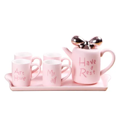 Pink teapot minimalist sublimation ceramic mug tea cup sets with tray, White 
Pink teapot minimalist sublimation ceramic mug tea cup sets with tray, White