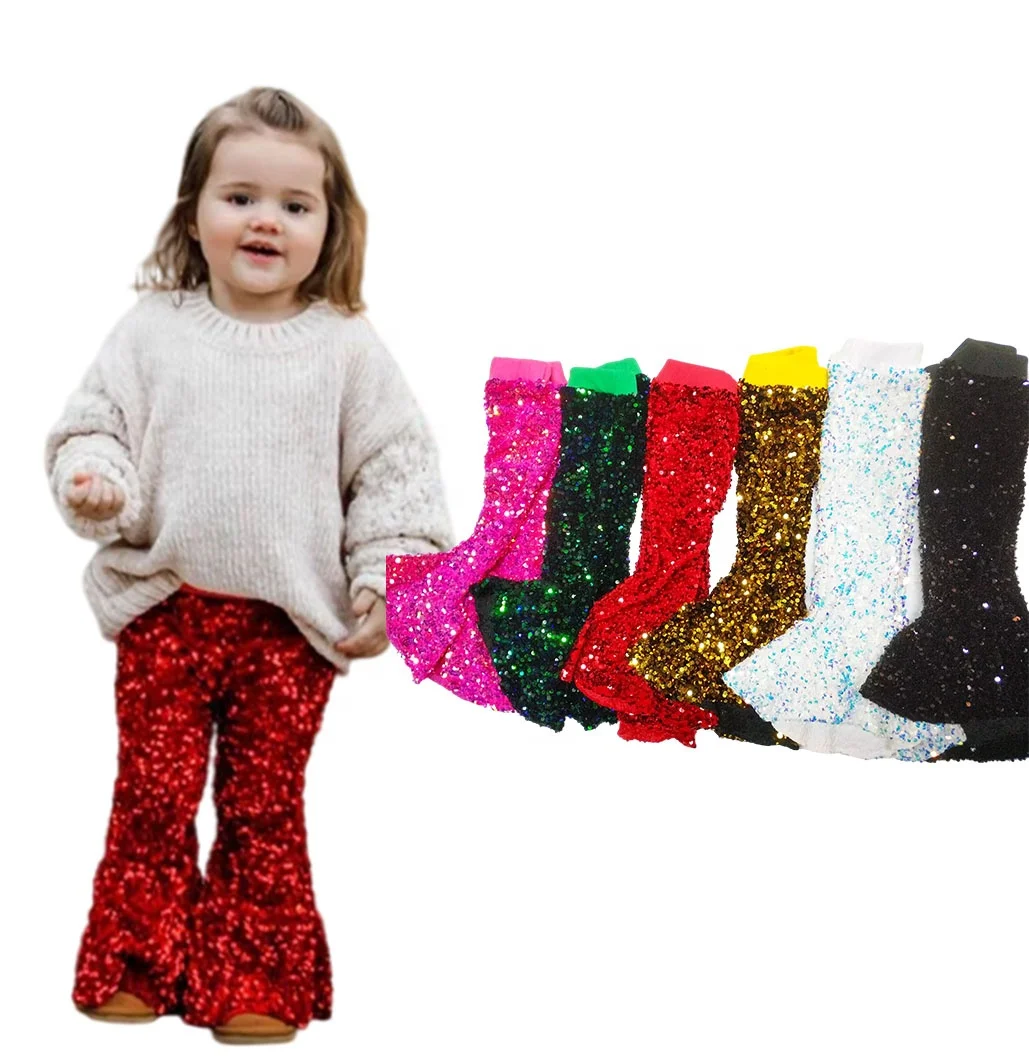 

Hot Selling Rarewe Fashion Girls Sparkle Sequin Bells Kids Bell Bottom Pants Fall Baby Knit Flared Trousers, 6 colors as picture