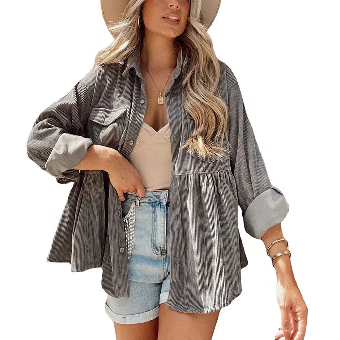 New Design Solid Color Corduroy Ruffled Coat Turn-down Collar Single-breasted Women Shirt Jacket, Accept customized color
New Design Solid Color Corduroy Ruffled Coat Turn-down Collar Single-breasted Women Shirt Jacket, Accept customized color