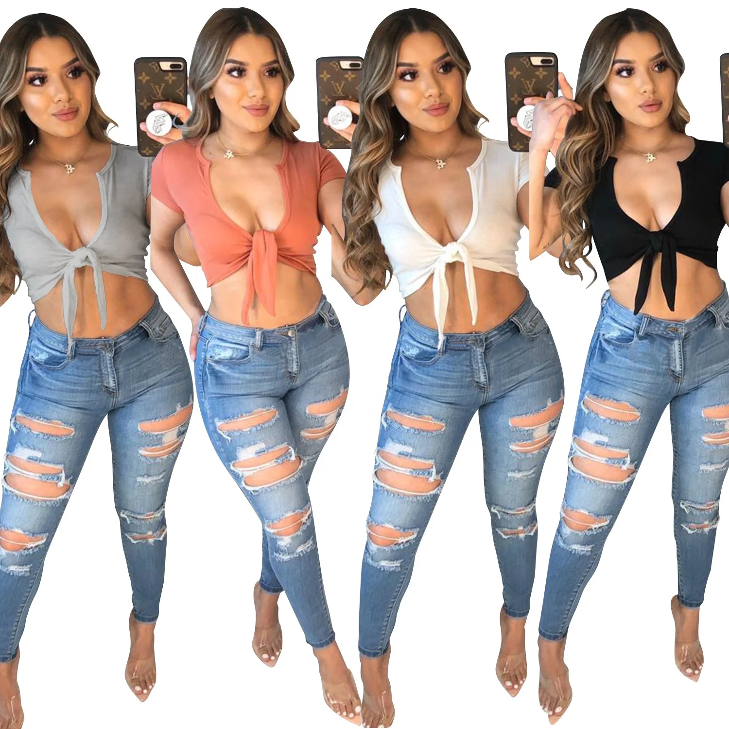QC-3537 Fashionable ribbing fabric summer sexy low neck tie front slim fit crop plain t shirts for women
QC-3537 Fashionable ribbing fabric summer sexy low neck tie front slim fit crop plain t shirts for women