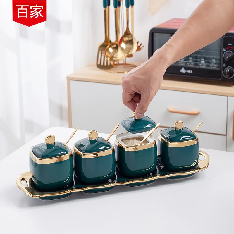 Nordic household seasoning pot seasoning box ceramic with lid kitchen utensils salt monosodium glutamate four-compartment set, Picture
Nordic household seasoning pot seasoning box ceramic with lid kitchen utensils salt monosodium glutamate four-compartment set, Picture