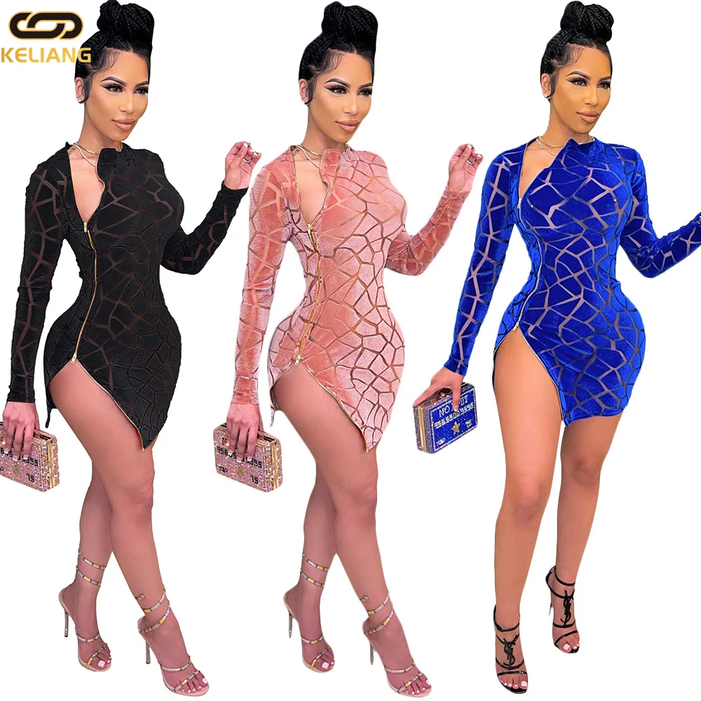 Wholesale fashion sexy women long sleeve flocked pierced zipper clothing bluey apparel split dress casual
Wholesale fashion sexy women long sleeve flocked pierced zipper clothing bluey apparel split dress casual