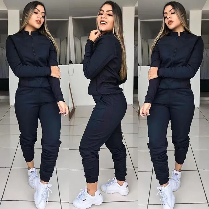 Long Sleeve Zipper top Jacket And Elastic Waist Pants Suit Autumn Fashion Solid Suit For Female Women Sports Tracksuit 2 Piece S, Customized 
Long Sleeve Zipper top Jacket And Elastic Waist Pants Suit Autumn Fashion Solid Suit For Female Women Sports Tracksuit 2 Piece S, Customized