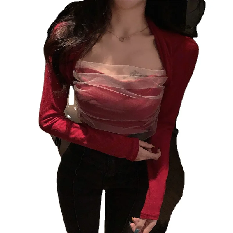 Spring Autumn New Korean Square Collar Mesh Patchwork Crop Top Women's Clothing Slim Long Sleeve T-shirts Hipster Ins Black Tees
Spring Autumn New Korean Square Collar Mesh Patchwork Crop Top Women's Clothing Slim Long Sleeve T-shirts Hipster Ins Black Tees