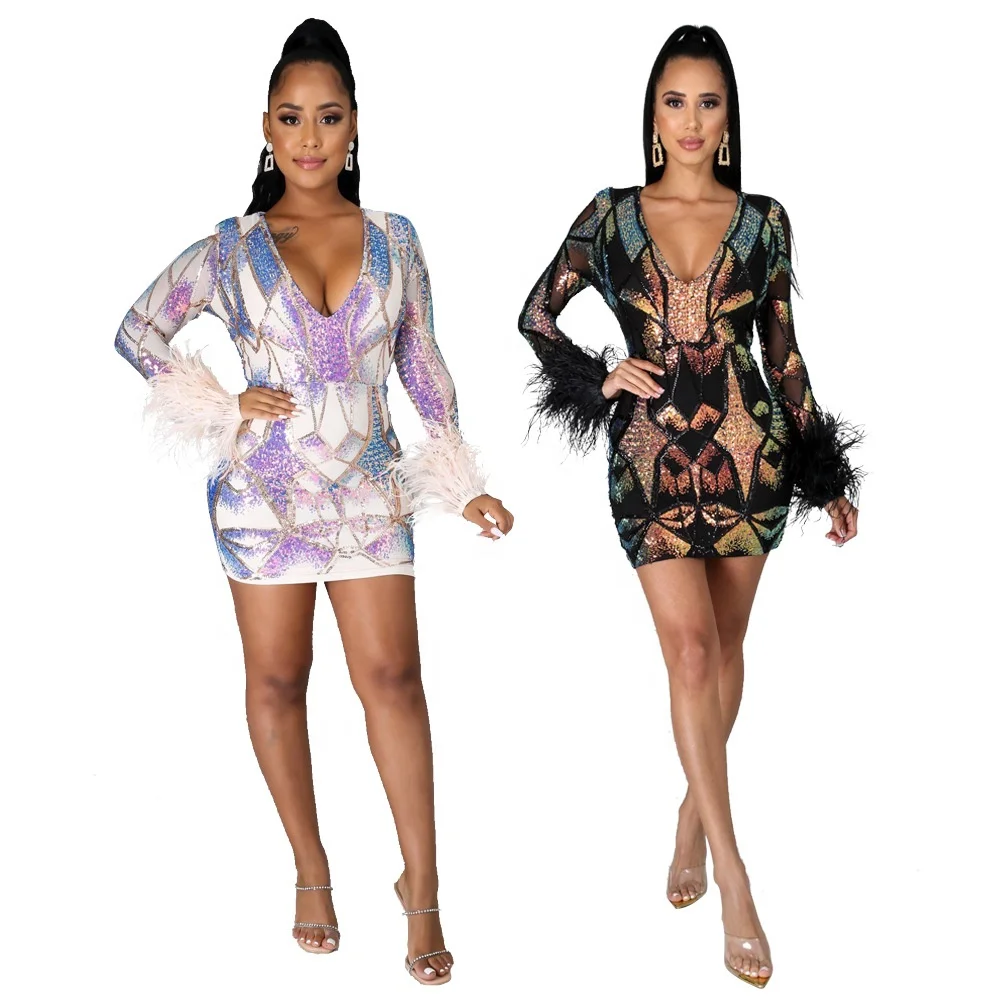 B15135A Autumn hot sale women diamond feather long sleeve dress lady sequins dresses deep V party dress, Shown
B15135A Autumn hot sale women diamond feather long sleeve dress lady sequins dresses deep V party dress, Shown