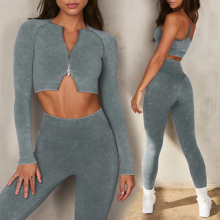 2021 Sand Washed Denim Seamless Knitted Yoga Set Double Zipper Sports Fitness Suit, Customized colors
2021 Sand Washed Denim Seamless Knitted Yoga Set Double Zipper Sports Fitness Suit, Customized colors
