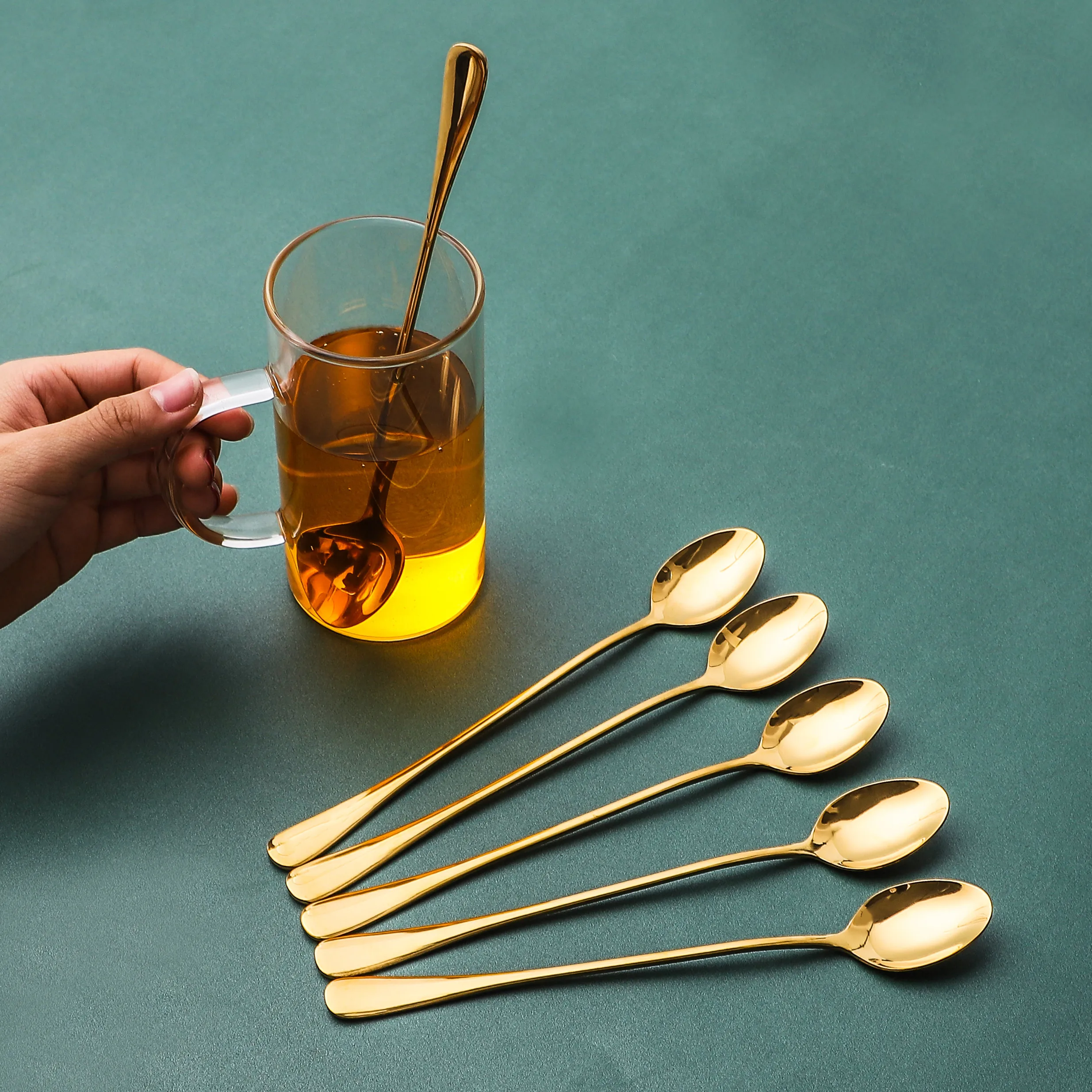 Factory price long ice scoop teaspoon latte gold spoon rose gold 304 stainless steel set, As pic showed
Factory price long ice scoop teaspoon latte gold spoon rose gold 304 stainless steel set, As pic showed
