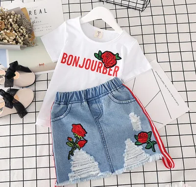 Summer new Korean version of girls fashion embroidery rose short sleeve T-shirt denim skirt clothes set for girl
Summer new Korean version of girls fashion embroidery rose short sleeve T-shirt denim skirt clothes set for girl