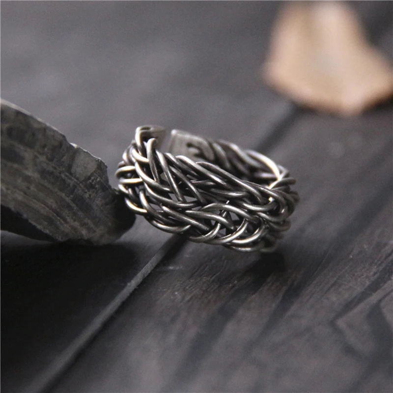 

Wholesale Vintage 925 Sterling Silver Braided Ring For Men And Women Thai Silver Open Adjustable for Lovers Bague Femme