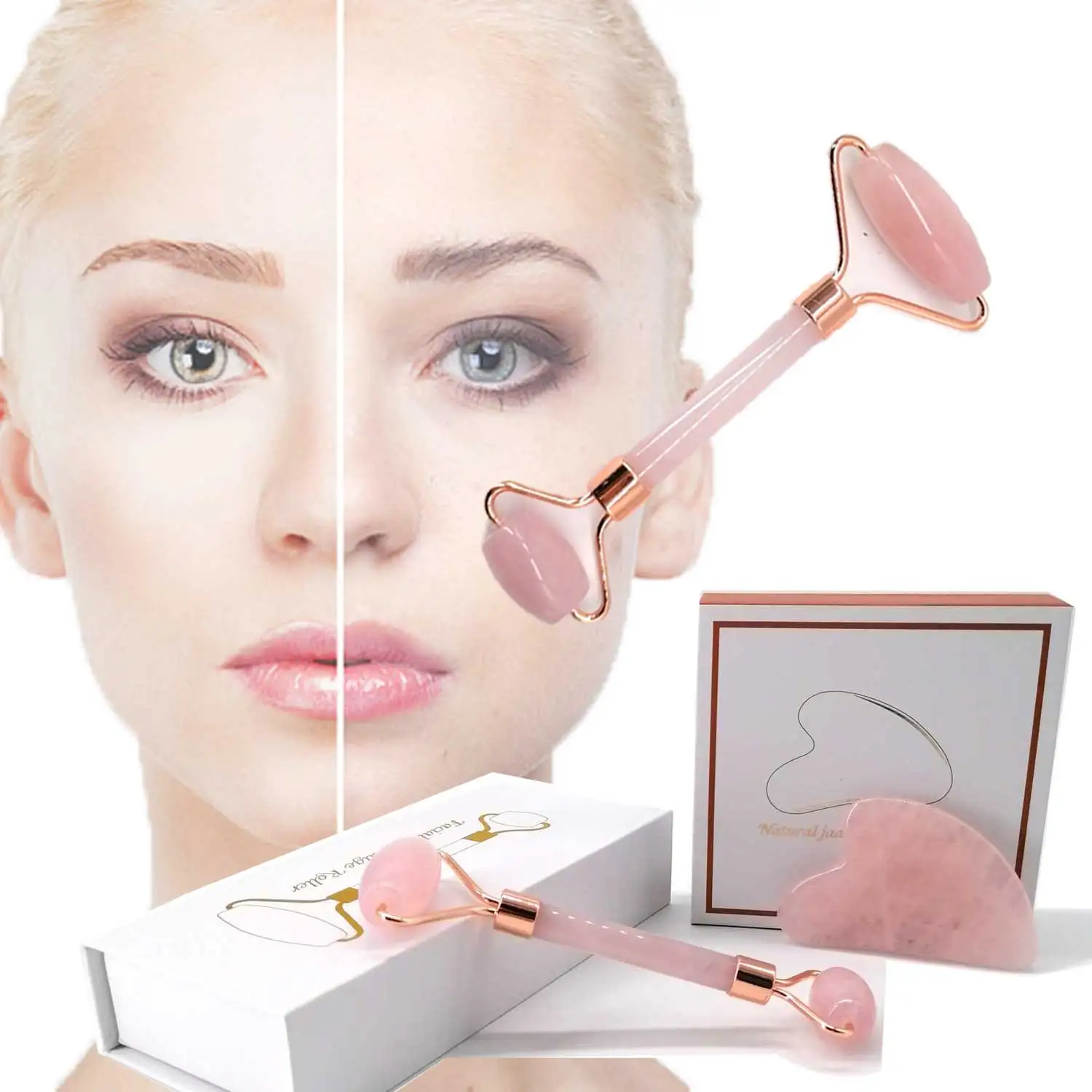 Kit noiseless and guasha set multi functional face rose quartz natural massager jade roller
Kit noiseless and guasha set multi functional face rose quartz natural massager jade roller
