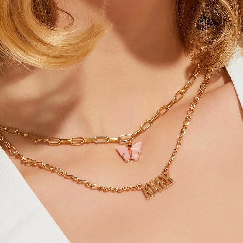 European and American jewelry fashion acrylic butterfly necklace double letter, Gold color
European and American jewelry fashion acrylic butterfly necklace double letter, Gold color
