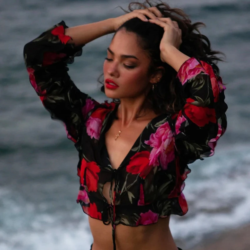 Floral Print Chiffon Blouse Women V-neck Ruffles Tie Up Long Sleeve Tops See Through Sexy Bikini Cover Up Blouses
Floral Print Chiffon Blouse Women V-neck Ruffles Tie Up Long Sleeve Tops See Through Sexy Bikini Cover Up Blouses