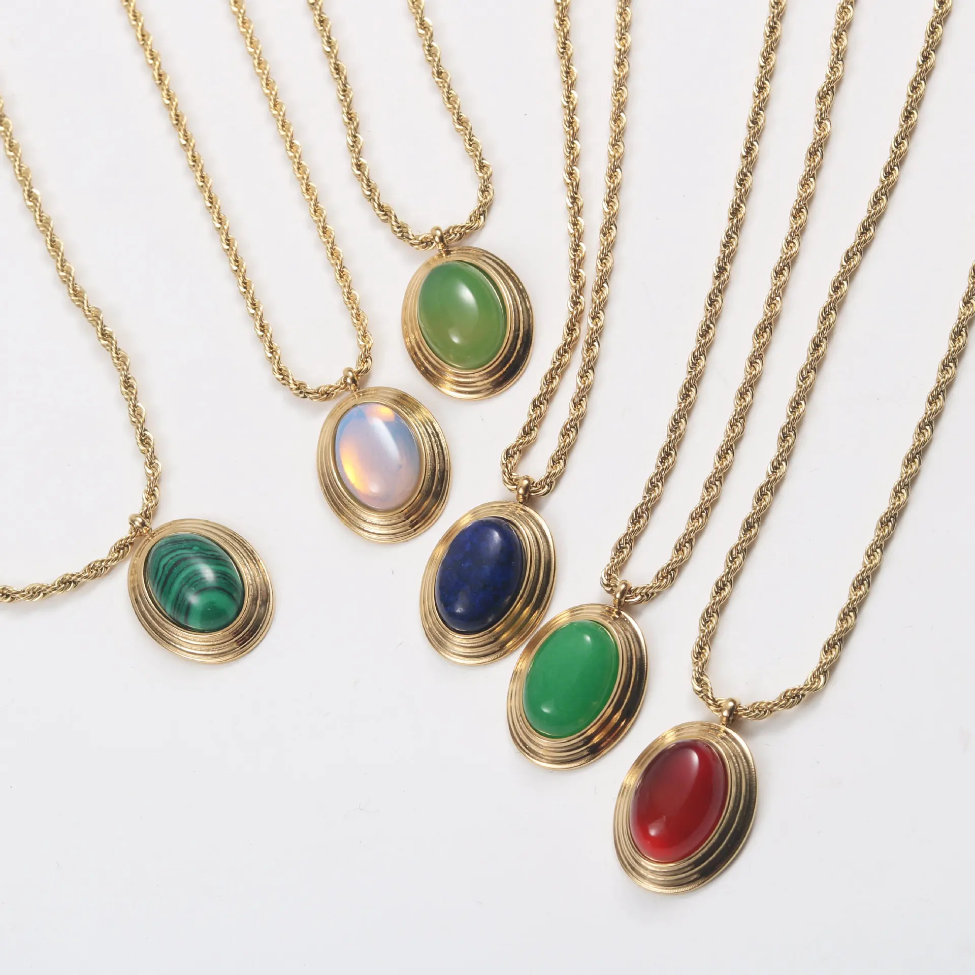 Joolim Jewelry High End 18K Gold Plated Colorful Oval Stone Pendant Rope Chain Necklace Stainless Steel Jewelry Wholesale
Joolim Jewelry High End 18K Gold Plated Colorful Oval Stone Pendant Rope Chain Necklace Stainless Steel Jewelry Wholesale