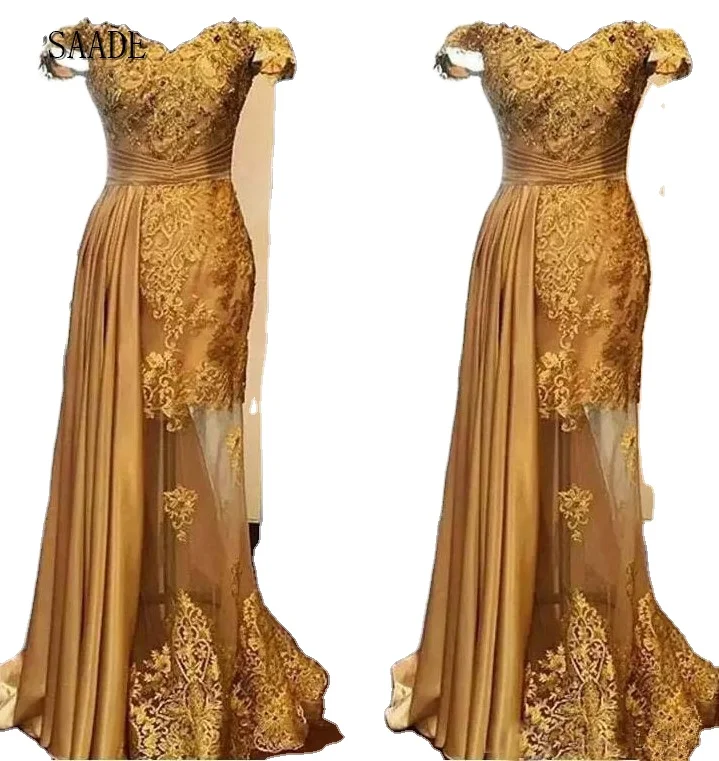 Gold Color Lace Appliques Offer Shoulder Tailor Made Long Train Prom Dress YF047, Gold as picture
Gold Color Lace Appliques Offer Shoulder Tailor Made Long Train Prom Dress YF047, Gold as picture