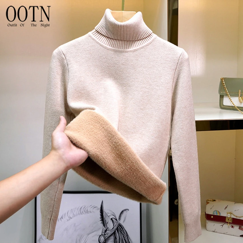 

OOTN Knitwear Jumper New Women Elegant Thicken Velvet Lined Warm Knitted Turtleneck Pullover Sweater custom sweater