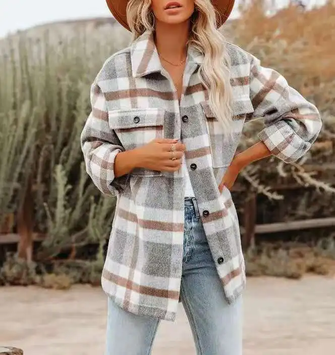 Wholesale Fashion Flannel Plaid Women's Coats Lapel Button Pocket Shirt Jacket Womens Shacket
Wholesale Fashion Flannel Plaid Women's Coats Lapel Button Pocket Shirt Jacket Womens Shacket