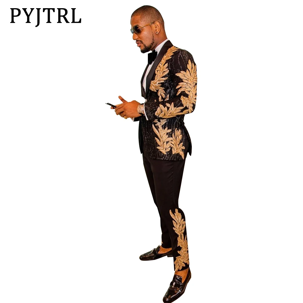 PYJTRL Men Black Suits Embroidery Beaded Two Pieces Peaked Lapel Cool Blazers Wedding Tuxedos Gold Men Jacket Pants Costume
PYJTRL Men Black Suits Embroidery Beaded Two Pieces Peaked Lapel Cool Blazers Wedding Tuxedos Gold Men Jacket Pants Costume