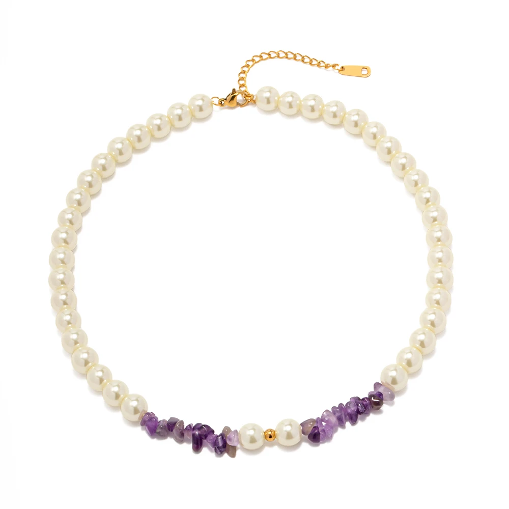 18K Gold Plated Stainless Steel ChokerJewelry Imitation Glass Pearl Natural Amethyst Stone Beaded Necklace
18K Gold Plated Stainless Steel ChokerJewelry Imitation Glass Pearl Natural Amethyst Stone Beaded Necklace