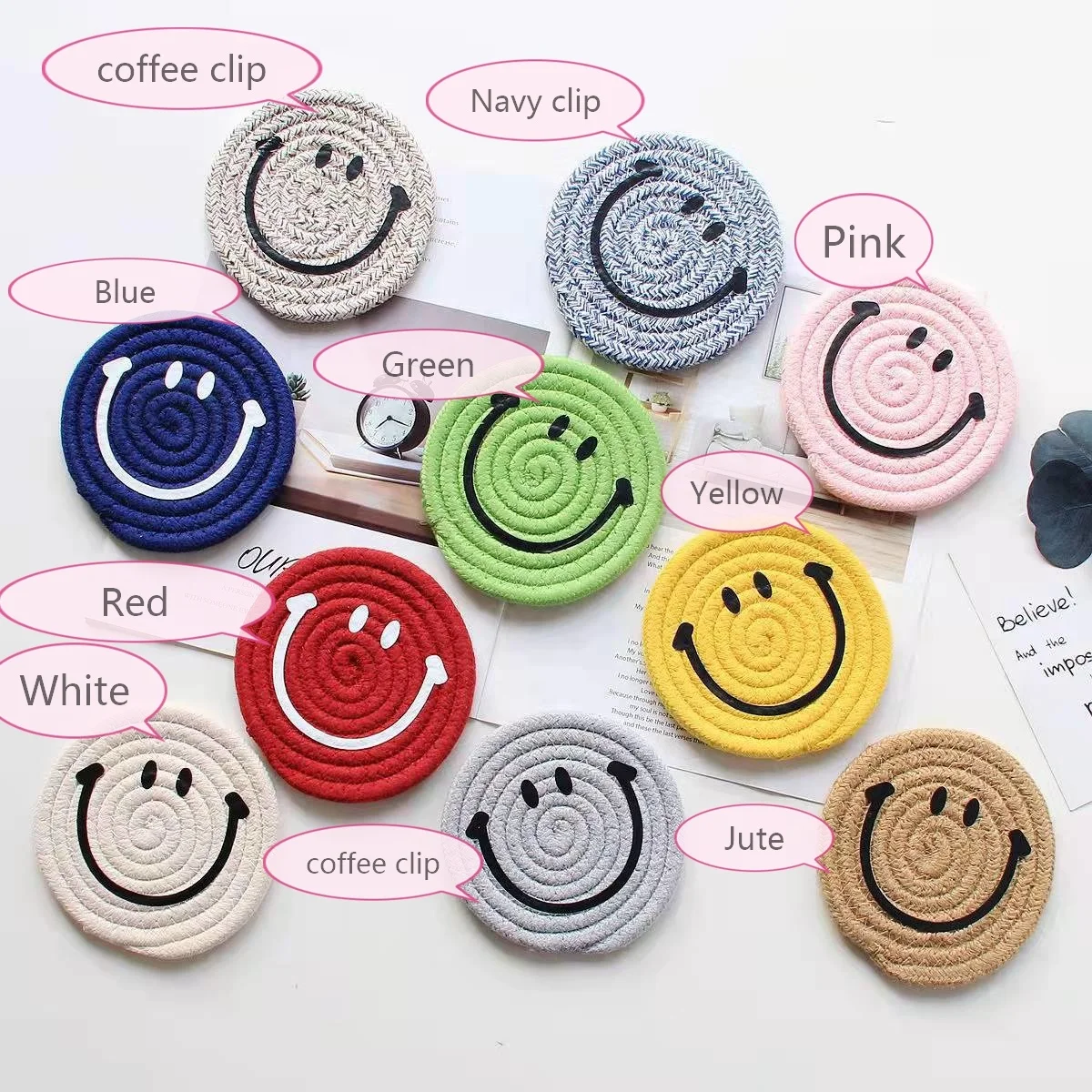 2022 Tabletex hot sale 12cm 18cm handmade cotton Cute Smiley Face Expression Woven braided cup coaster
2022 Tabletex hot sale 12cm 18cm handmade cotton Cute Smiley Face Expression Woven braided cup coaster
