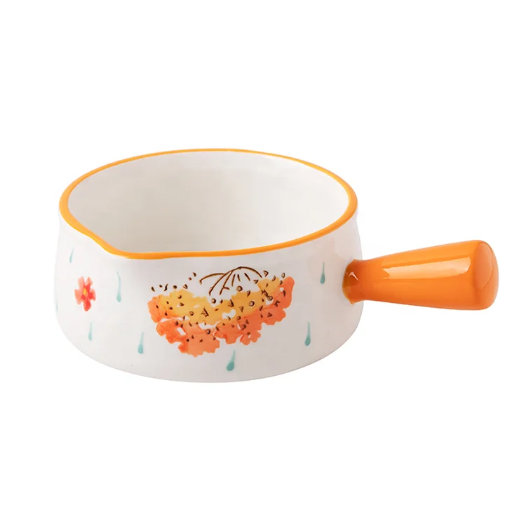 

Maple leaf pattern ceramic bowl with single strong handle and hand-painting breakfast fruit salad yougurt use, Orange