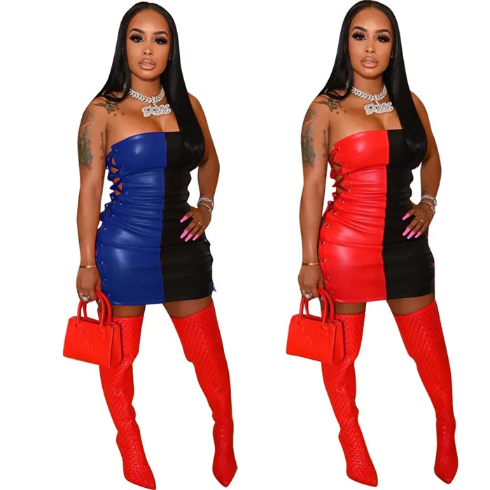H5451-2021 summer strapless bandage patchwork dress summer sexy pu leather bodycon mini dress women
H5451-2021 summer strapless bandage patchwork dress summer sexy pu leather bodycon mini dress women