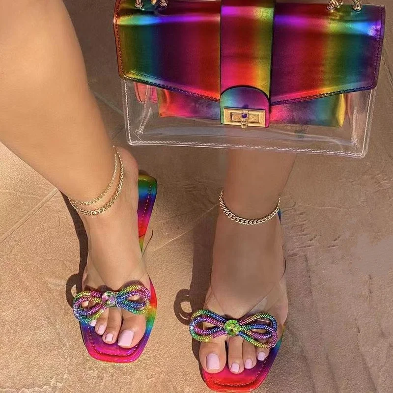 Rainbow Color Summer Women Flat Slippers Shoes With Bow-knot Diamond Decorate Square Open Toe PVC Surface Outdoor Women Slides, Colors
Rainbow Color Summer Women Flat Slippers Shoes With Bow-knot Diamond Decorate Square Open Toe PVC Surface Outdoor Women Slides, Colors