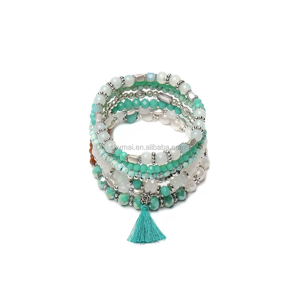 European hot selling glass beaded strech bracelet pearl bracelet with tassel for women jewelry