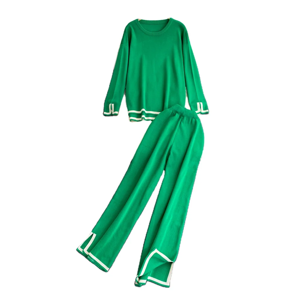 Wholesale 2023 Spring Casual Contrast Color Round Neck Loose Knit Top High Waist Split Straight Leg Wide Leg Pants Women's Set
Wholesale 2023 Spring Casual Contrast Color Round Neck Loose Knit Top High Waist Split Straight Leg Wide Leg Pants Women's Set