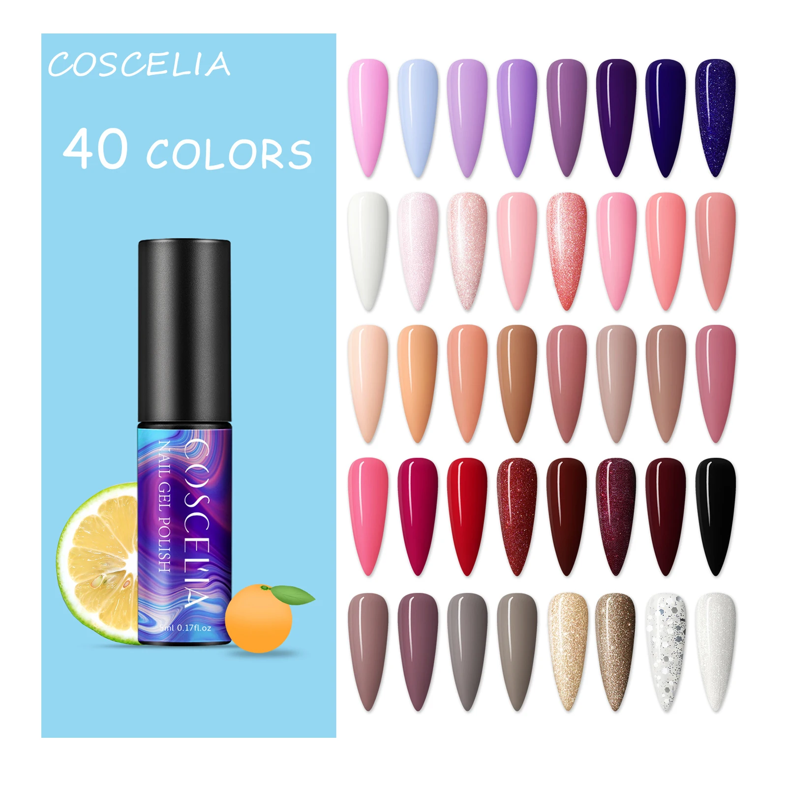 COSCELIA Wholesale Nail Gel Polish 40 Colors 5ML Bright Color Glitter Cheap Price Long Lasting Soak Off UV LED Gel
COSCELIA Wholesale Nail Gel Polish 40 Colors 5ML Bright Color Glitter Cheap Price Long Lasting Soak Off UV LED Gel