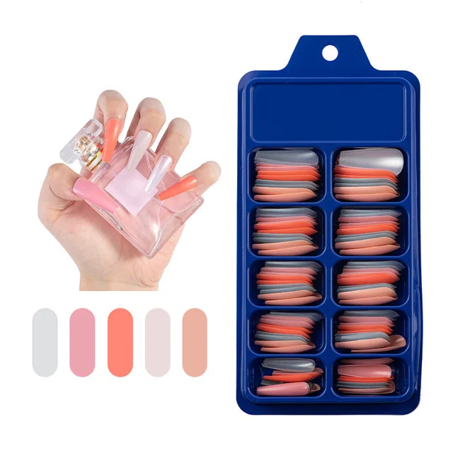 100Pcs Blue Box Long Pure Color Ballet Plate100% Nail Polish Strips Fake Nails Set Fake Long Nails