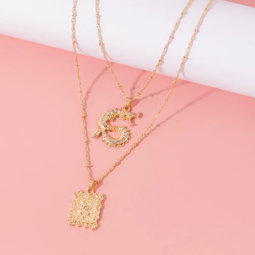 Zircon Rose Dragon Necklaces for Women Men Hip Hop Gothic Gold Color Double Layer Pendant Necklace Fashion Jewelry PartyGifts 
Zircon Rose Dragon Necklaces for Women Men Hip Hop Gothic Gold Color Double Layer Pendant Necklace Fashion Jewelry PartyGifts