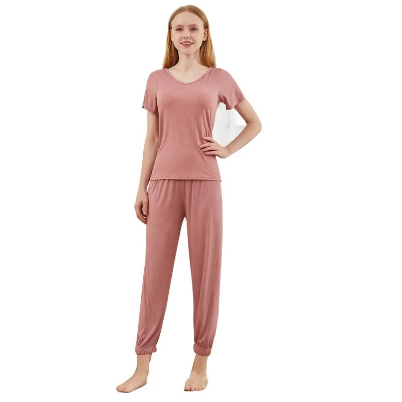 Modal v-neck short-sleeved trousers home service pajamas women's spring and summer casual simple two-piece pajamas without cups, Black/blue/pink/kakki/grey
Modal v-neck short-sleeved trousers home service pajamas women's spring and summer casual simple two-piece pajamas without cups, Black/blue/pink/kakki/grey