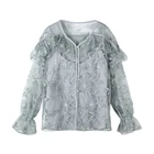 Tops Woman Blouse 2020,Luxury Long Sleeve Floral 2 Pieces Summer Glitter Embroidery Mesh Blouse