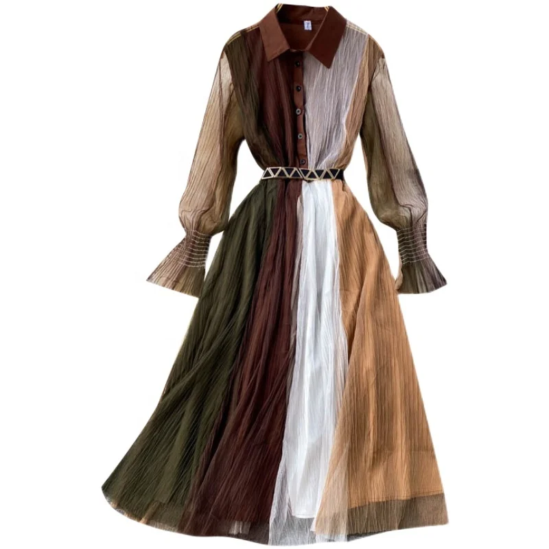 Spring and autumn new ins design sense contrast stitching mesh gauze waist dress goddess fan temperament POLO collar slim mid-le
Spring and autumn new ins design sense contrast stitching mesh gauze waist dress goddess fan temperament POLO collar slim mid-le