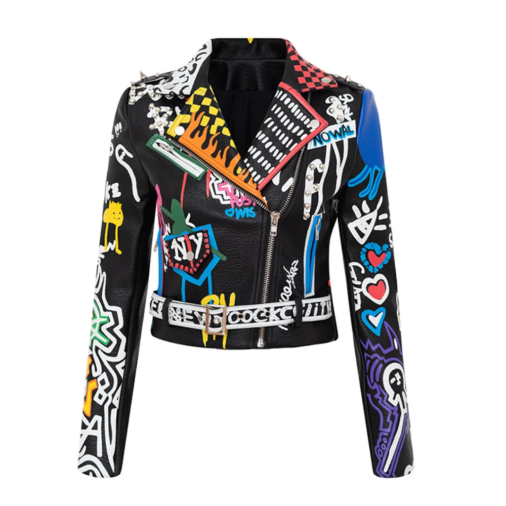 Graffiti PU women's dress European and American printing color jacket motorcycle leather women's suit collar trend coat, Customized color
Graffiti PU women's dress European and American printing color jacket motorcycle leather women's suit collar trend coat, Customized color