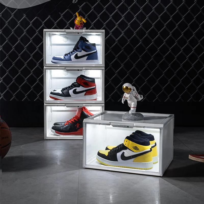 side open magnetic clear stackable shoe box led lights acrylic sound control led light shoe storage sneaker box with lighting, White, black
side open magnetic clear stackable shoe box led lights acrylic sound control led light shoe storage sneaker box with lighting, White, black