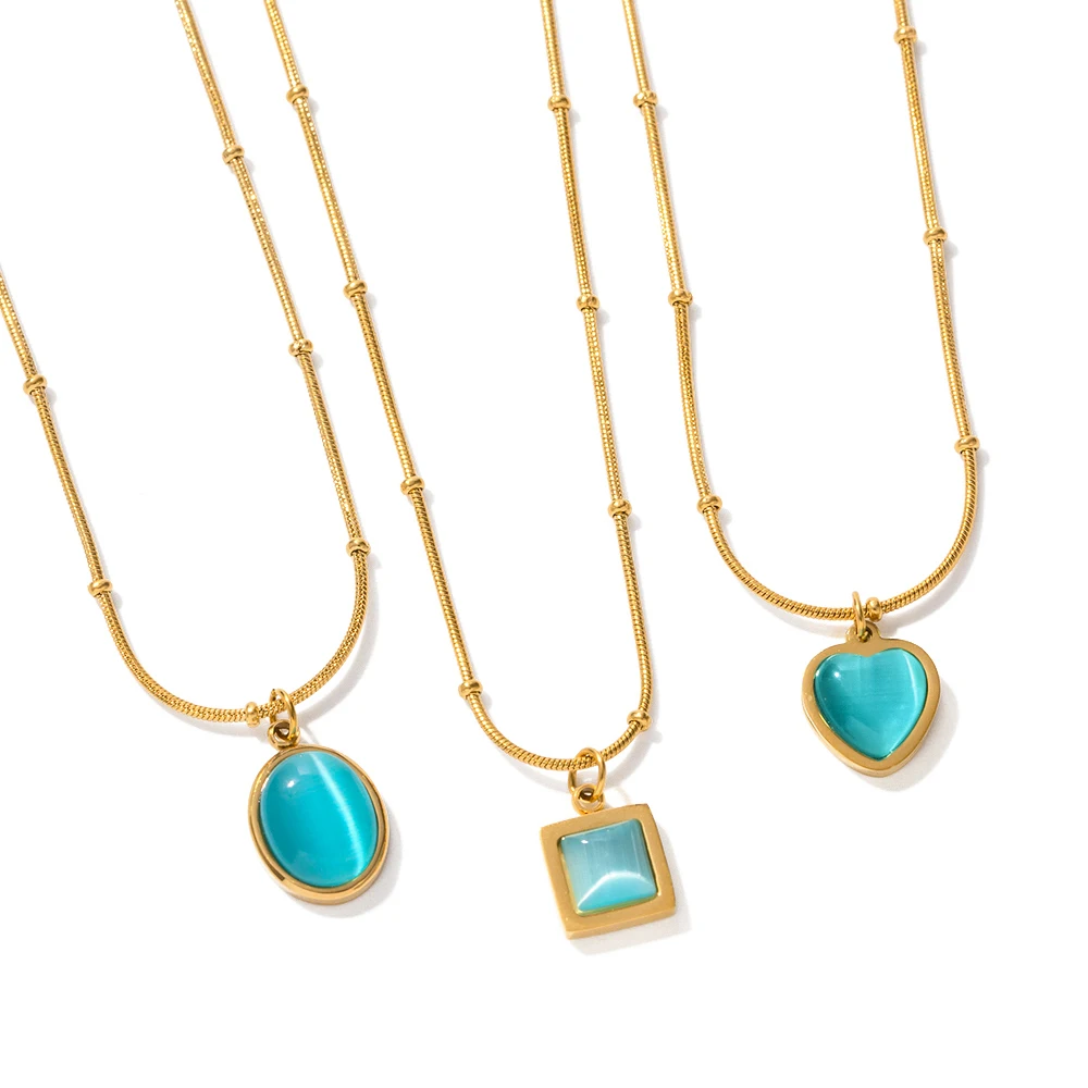 Charm 18K Gold Plated Stainless Steel Jewelry Gift Blue Cat Eye Natural Stone Oval Pendant Necklace Set
Charm 18K Gold Plated Stainless Steel Jewelry Gift Blue Cat Eye Natural Stone Oval Pendant Necklace Set