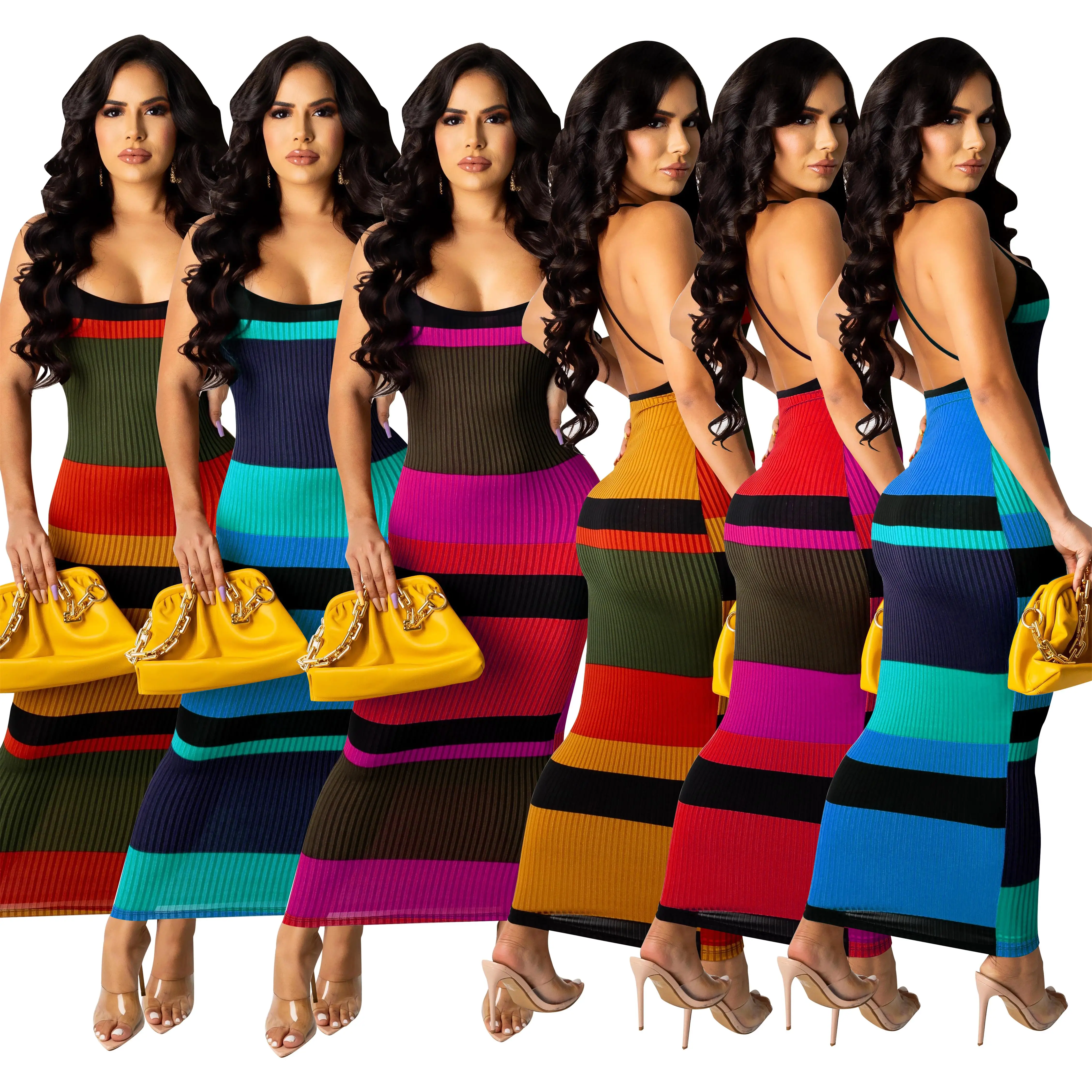Wholesale elegant summer dress stripe patchwork sleeveless fitness ribbed long girls' dresses streetwear casual maxi dresses, Shown
Wholesale elegant summer dress stripe patchwork sleeveless fitness ribbed long girls' dresses streetwear casual maxi dresses, Shown