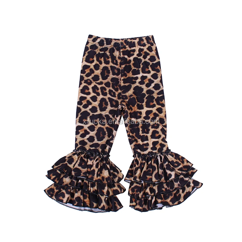 

Spring & Fall bell-botton kids trousers milk silk leopard summary print three ruffle pants baby girl cheetah pants, Picture