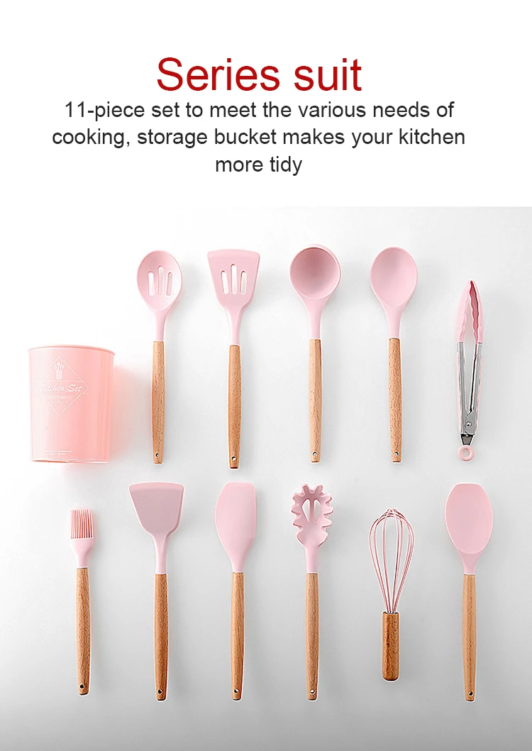 Best Selling Popular Product Cheap Nice Home Living 11 Pcs Silicone Kitchenware Set Pink Solid Wooden Handle Storage Box