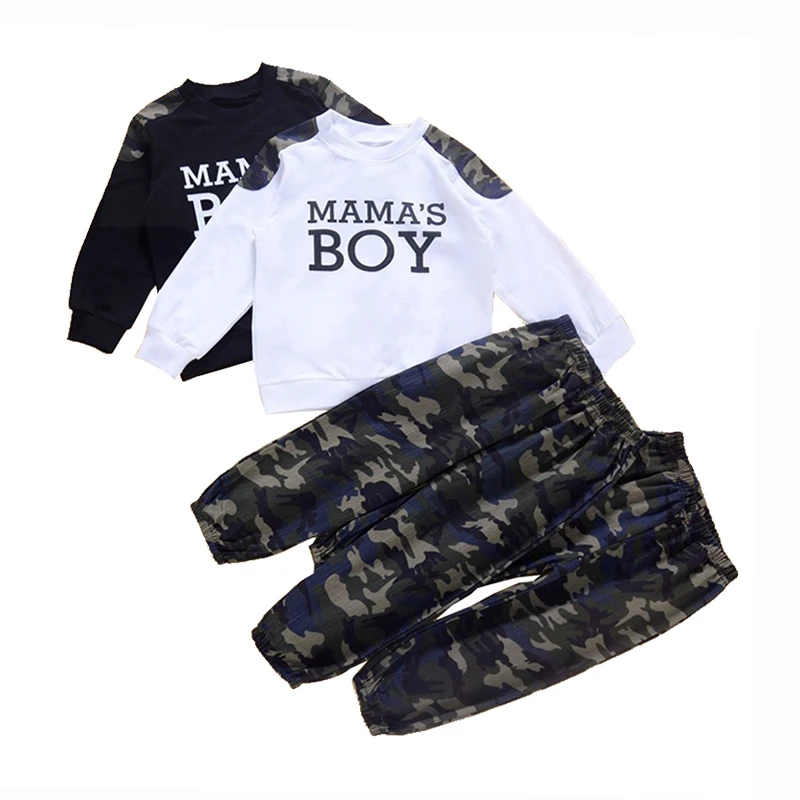 

Wholesale camo print mama's boy kids clothes patchwork two piece boys clothing sets, As picture show